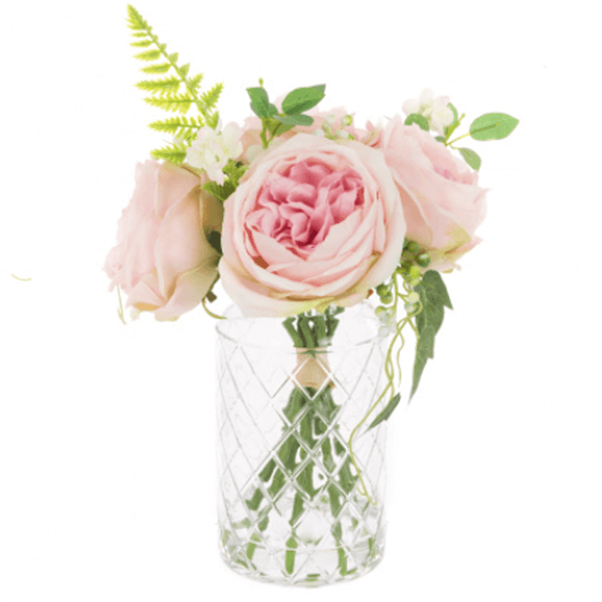 Floralsilk Pink Rose & Foliage in Lattice Vase